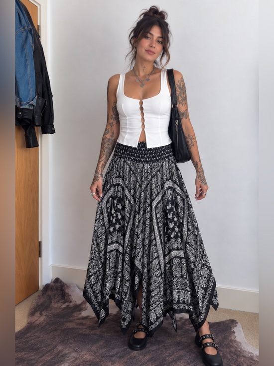 Bila Dresses & Skirts - black white paisley maxi skirt xxl handkerchief hem elastic waist draped by bila